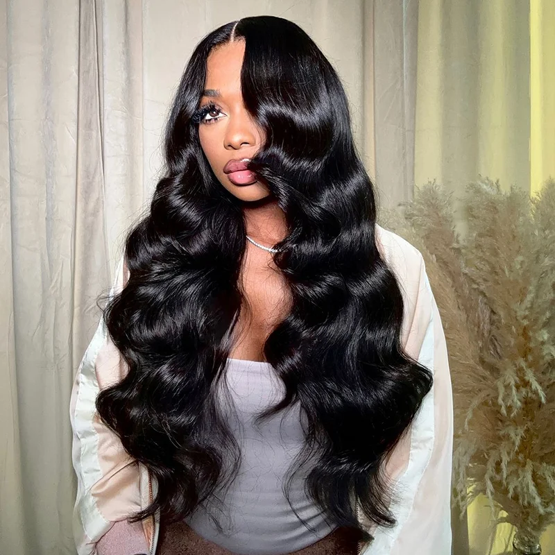 Human - hair wig with a side - swept bang for a sophisticated look#1 Jet Black Hair Wig Body Wave Lace Front Wigs Human Hair