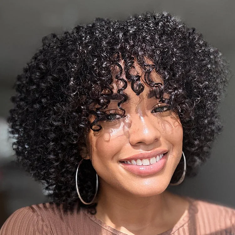 Adjustable - cap human - hair wig for a comfortable fit1 SEC INSTALL WIG | Shaggy Wolf Cut Throw On & Go Afro Curly Glueless Short Curly Wig with Bangs