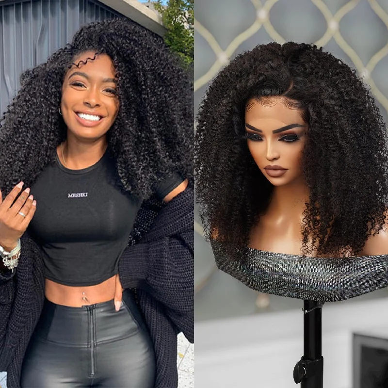 Lace wig with a 13x4 lace frontal for a wide - parting area100% Brazilian Remi Virgin Human Hair HD Lace Frontal Wig Kinky Curl 10"