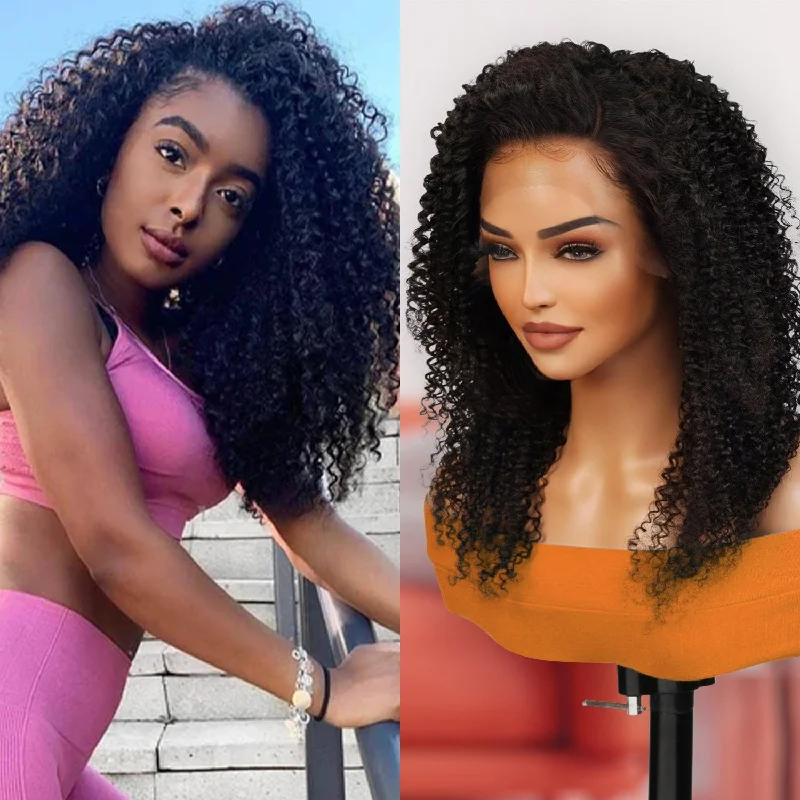 Adjustable - cap lace wig for a comfortable fit100% Brazilian Remi Virgin Human Hair HD Lace Frontal Wig Kinky Curl 14"