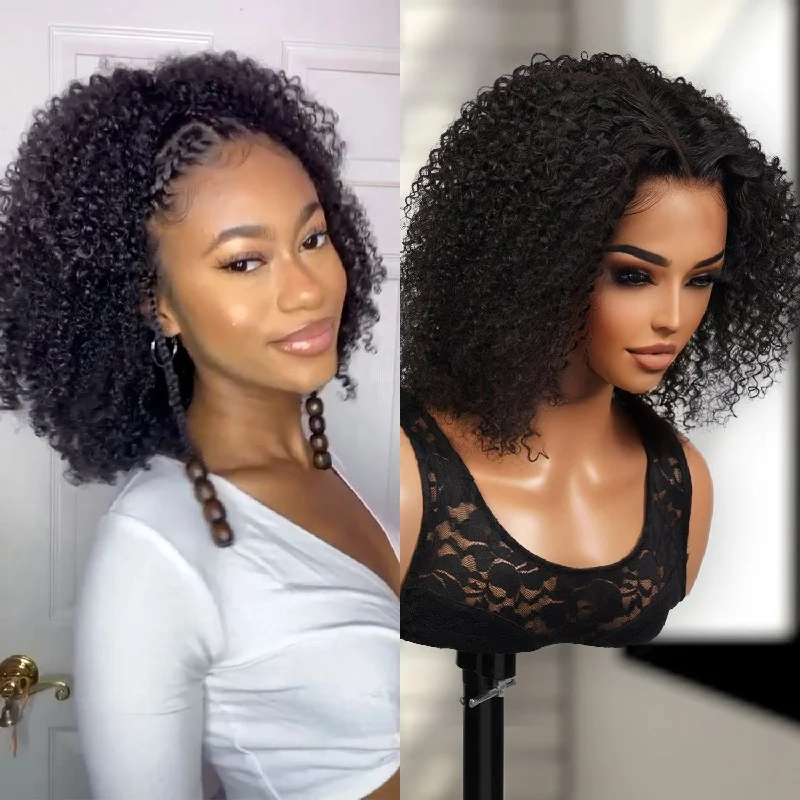 Lace wig with a wavy texture for a beachy look100% Brazilian Remi Virgin Human Hair HD Lace Frontal Wig Kinky Curl 8"