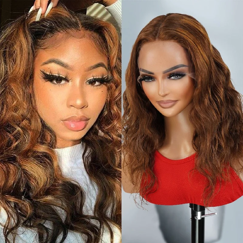 Synthetic lace wig with a heat - resistant formula100% Human Hair T-Part Lace Wig Face Balayage Highlight 4/27 Body Wave