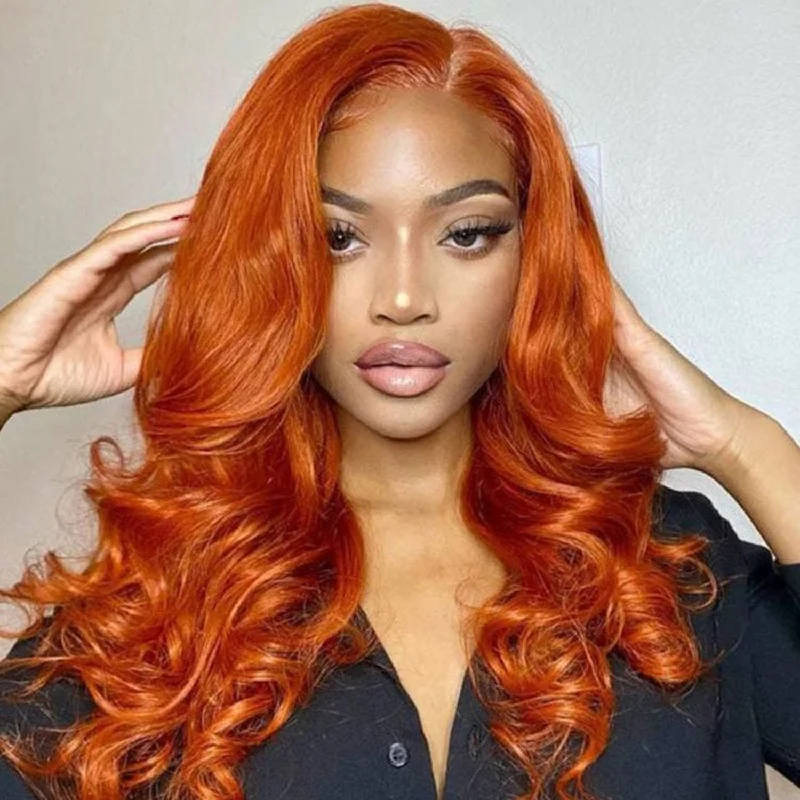 Lace wig with a 200 - density for a full and thick appearance100% Human Hair T-Part Lace Wig Ginger Orange Loose Wave