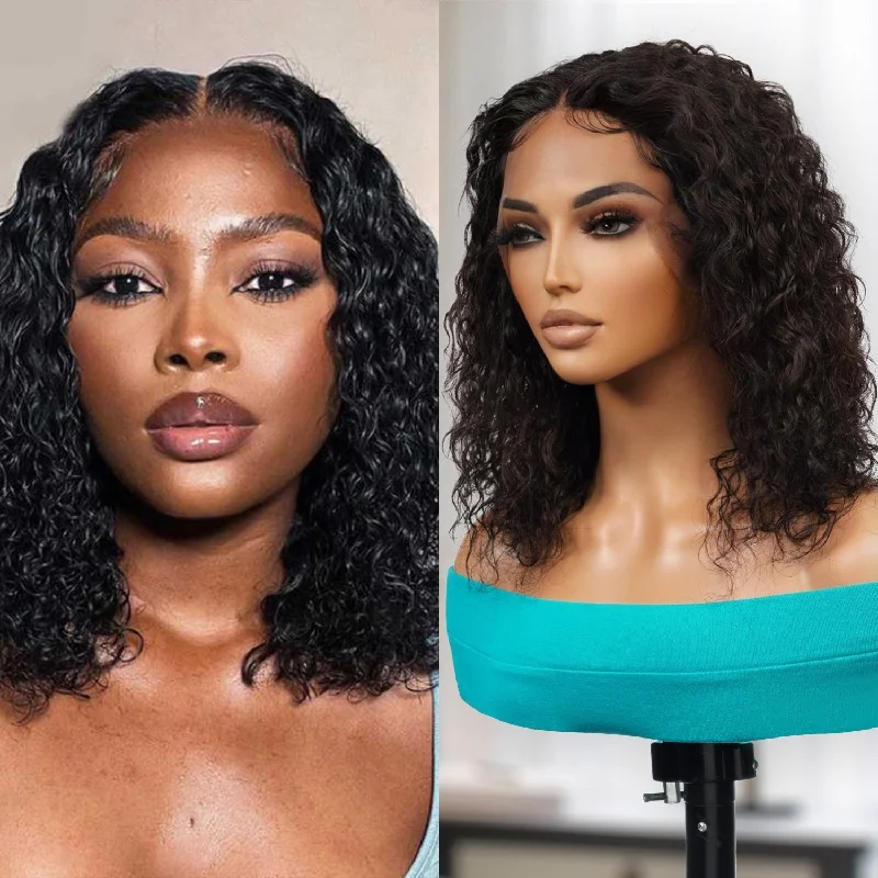 Lace wig with a natural - looking root for a more realistic look100% Virgin Remi Human Hair HD Transparent T-Part Lace Short Curly Wig Onyx