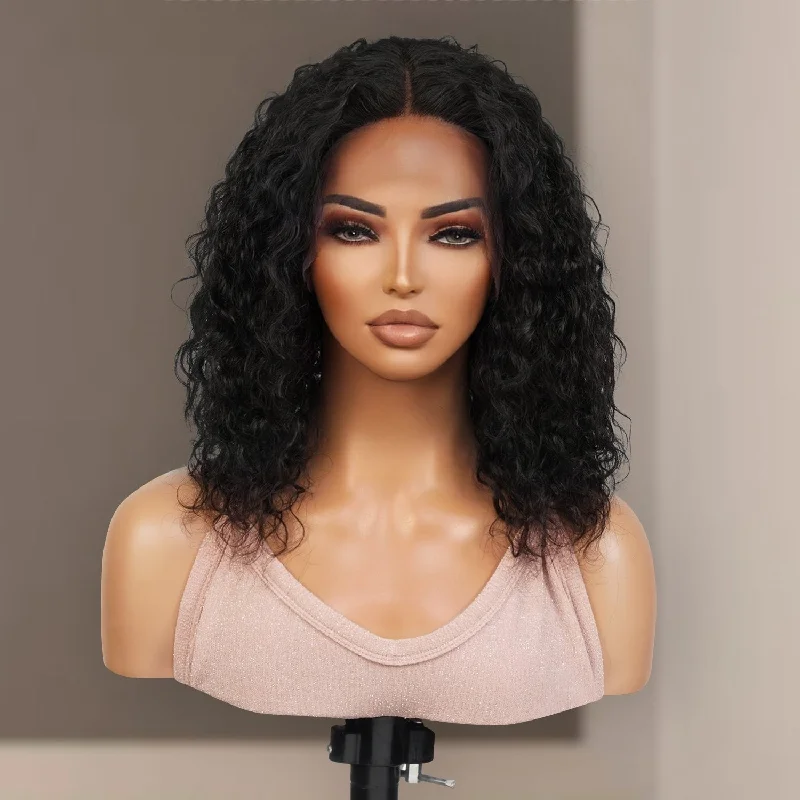 Lace wig with a platinum - blonde color for a bold and trendy look100% Virgin Remi Human Hair HD Transparent T-Part Lace Short Curly Wig Onyx