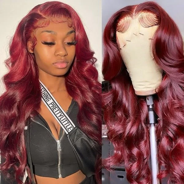 Lace wig with a side - swept bang for a sophisticated lookLikablewig 13A Burgundy Color #99j 4*4/13*4 Transparent Lace Frontal Closure Wig 200% Density 18-30inch Silky Soft Best Human Hair