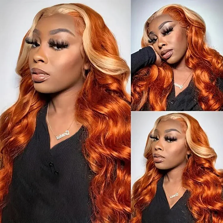 Lace wig with a wispy fringe for a soft and feminine look13x4 13x6 Full Lace Frontal Wig Human Hair Skunk Stripe Ginger Blonde Highlight Body Wave Wig