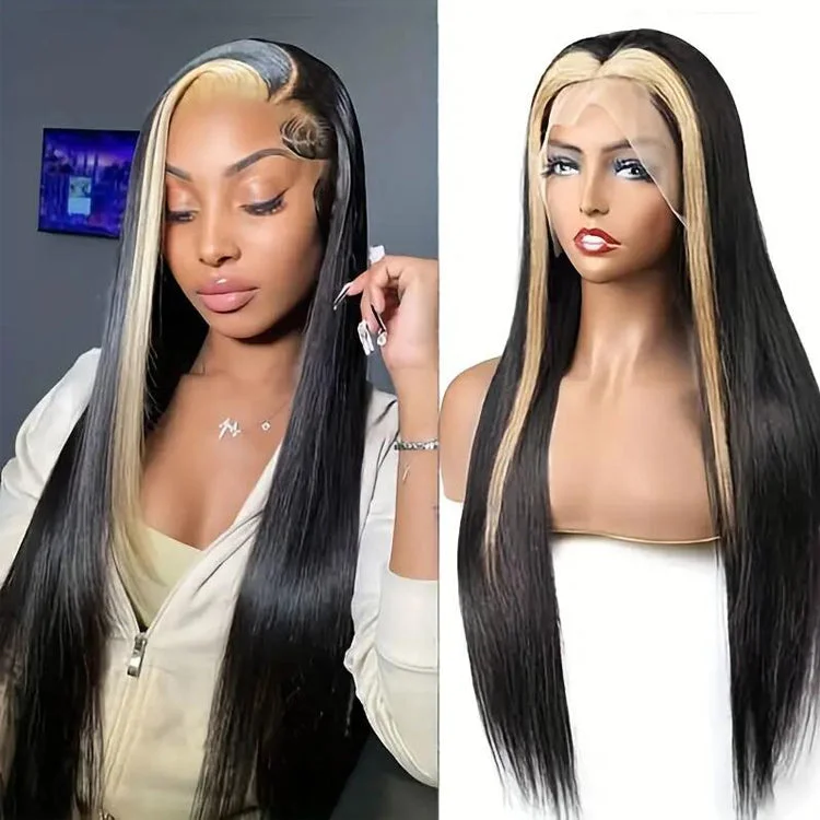 Lace wig with a side - swept bang for a sophisticated look13x6 Full Frontal Wig Skunk Stripe Blonde Highlight Straight Human Hair Wig