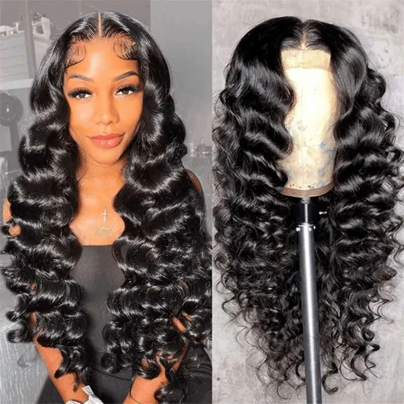 Adjustable - cap human - hair wig for a comfortable fit13X6 Loose Deep Wave Transparent Lace Front Wig Soft Virgin Human Hair Wigs 200% Density