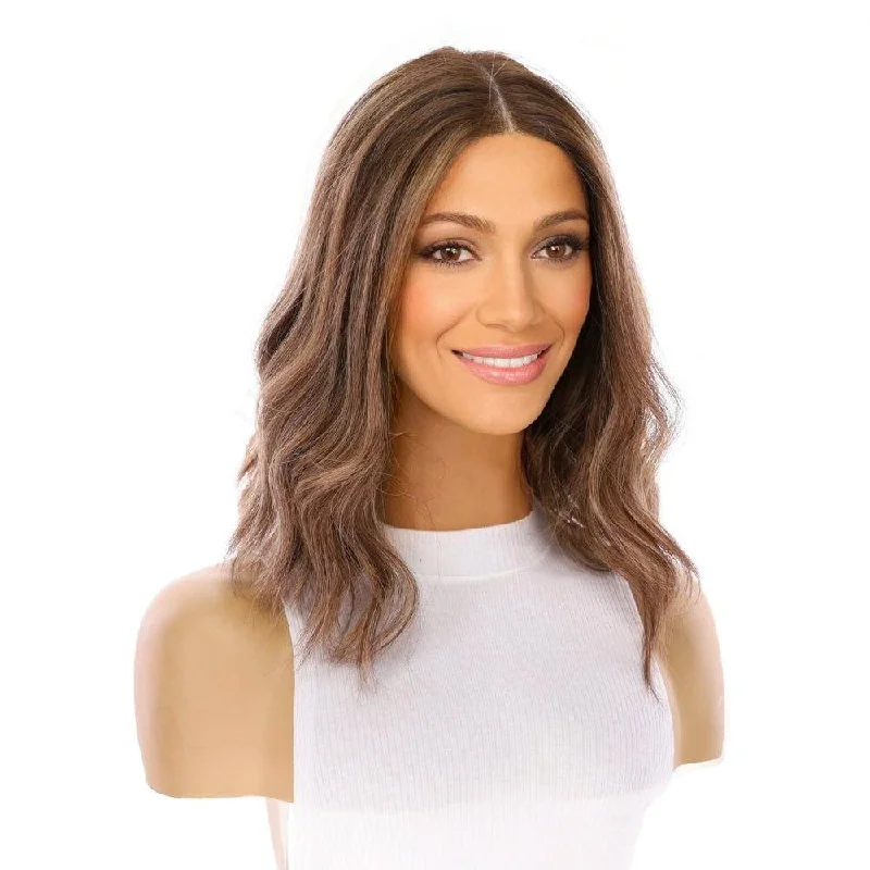 Human - hair wig with a middle - part for a classic and elegant style16" Divine Lace Top Wig Medium Brown w/ Highlights