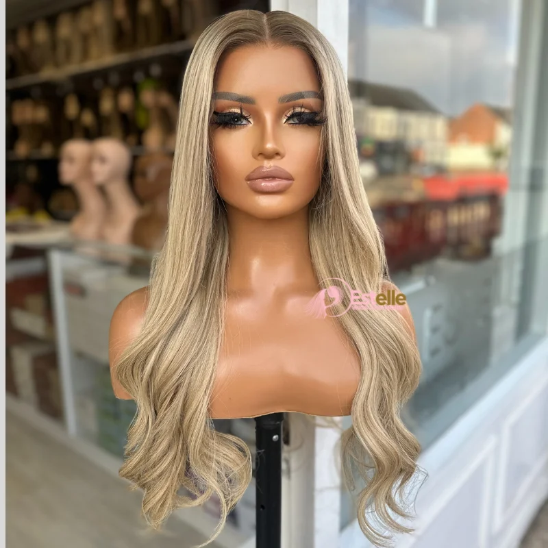 Human - hair wig with a side - part for a more flattering appearance20 inches Rooted   Blonde Mix Human Hair Wig-SAPPHIRE