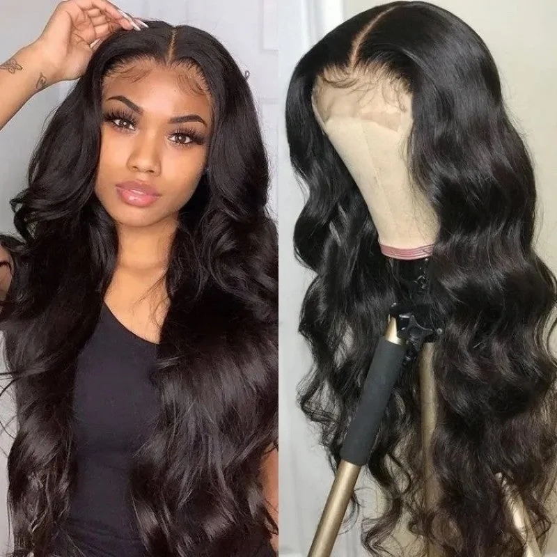 Human - hair wig in a jet - black color for a classic and timeless look200% Density 4X4 Transparent Lace Front Wig