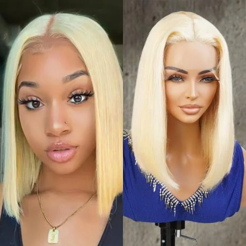 Lace wig with a silk - base cap for a comfortable and smooth feelUpScale 100% Human Hair Glueless T Part Lace Wig 613 Blonde Bob 12"