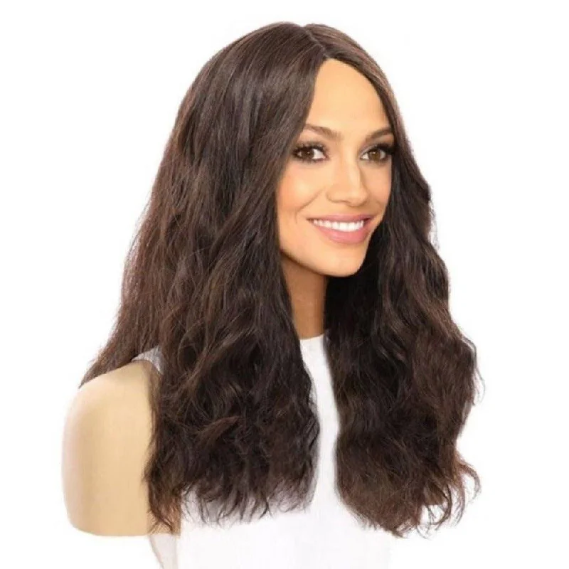 Human - hair wig with a silk - base cap for a comfortable and smooth feel22" Ponytail Silk Part Wig Dark Brown Wavy