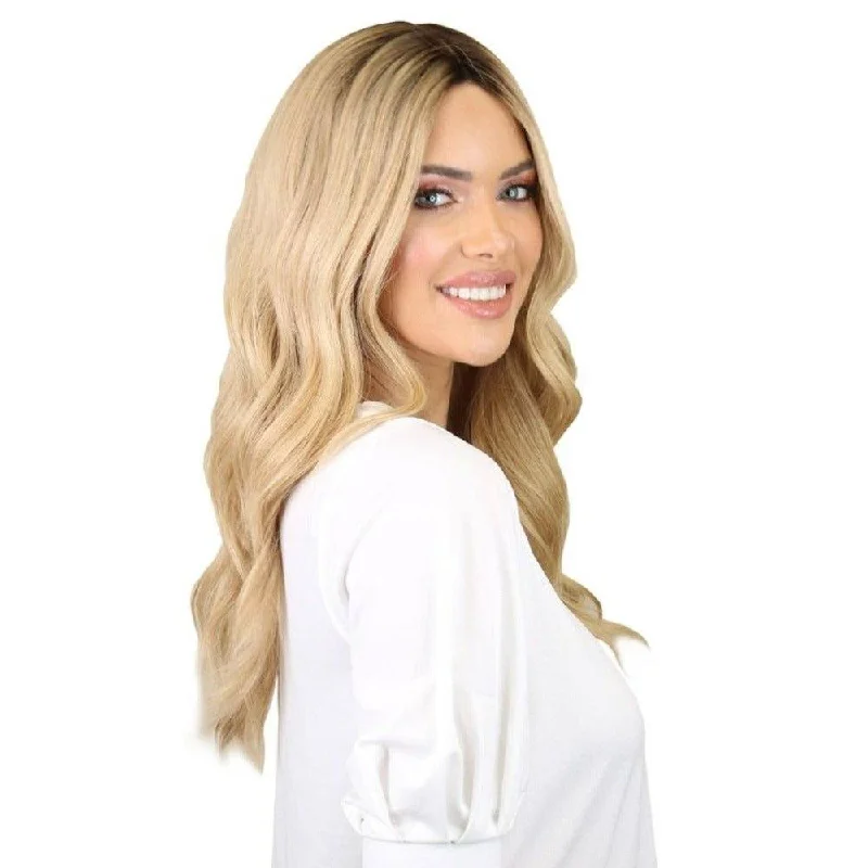 Human - hair wig with a wispy fringe for a soft and feminine look22" Ponytail Silk Part Wig Golden Blonde w/ Full Rooting