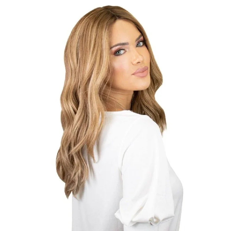 Human - hair wig with a curly texture for a bold and stylish choice22" Ponytail Silk Part Wig Medium Blonde w/ Partial Rooting