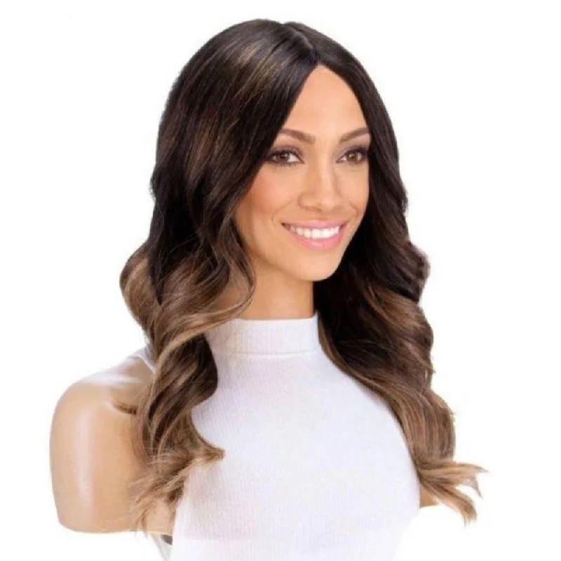 Human - hair wig with a wavy texture for a beachy and relaxed look22" Ponytail Silk Part Wig Medium Brown Ombre