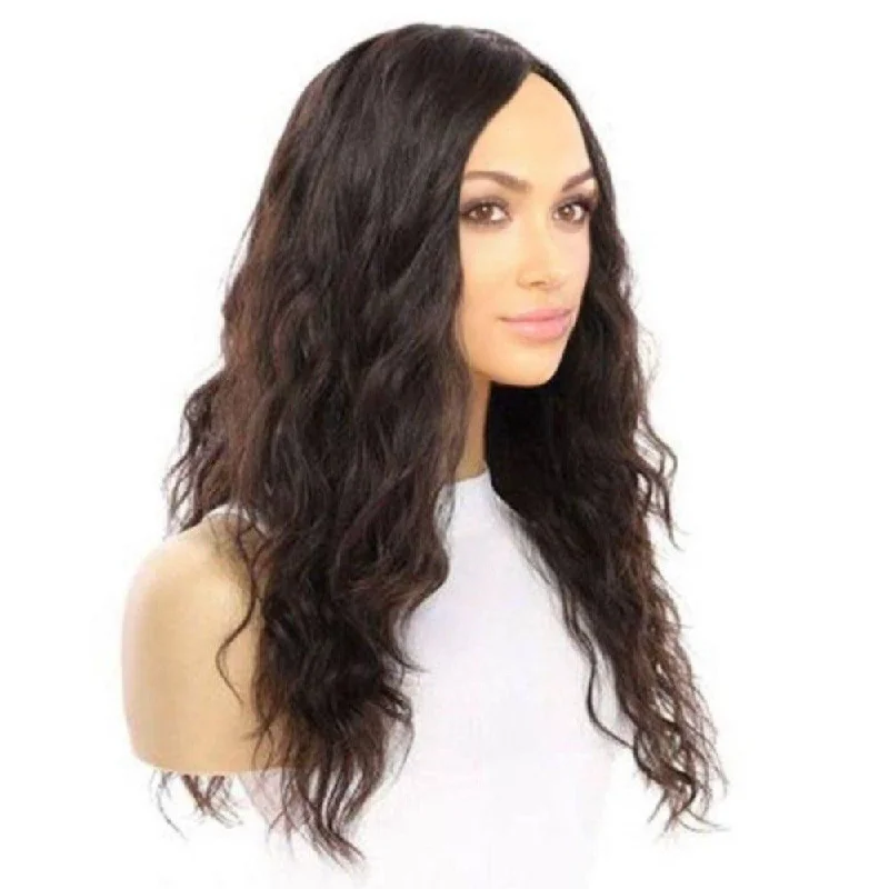 Human - hair wig with a curly texture for a bold and stylish choice22" Ponytail Silk Part Wig Soft Black Wavy