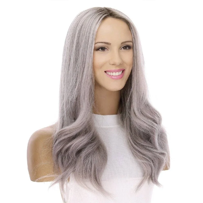 Human - hair wig with a pre - bleached knot for a natural - looking scalp22" Ponytail Silk Part Wig Silver Smoke