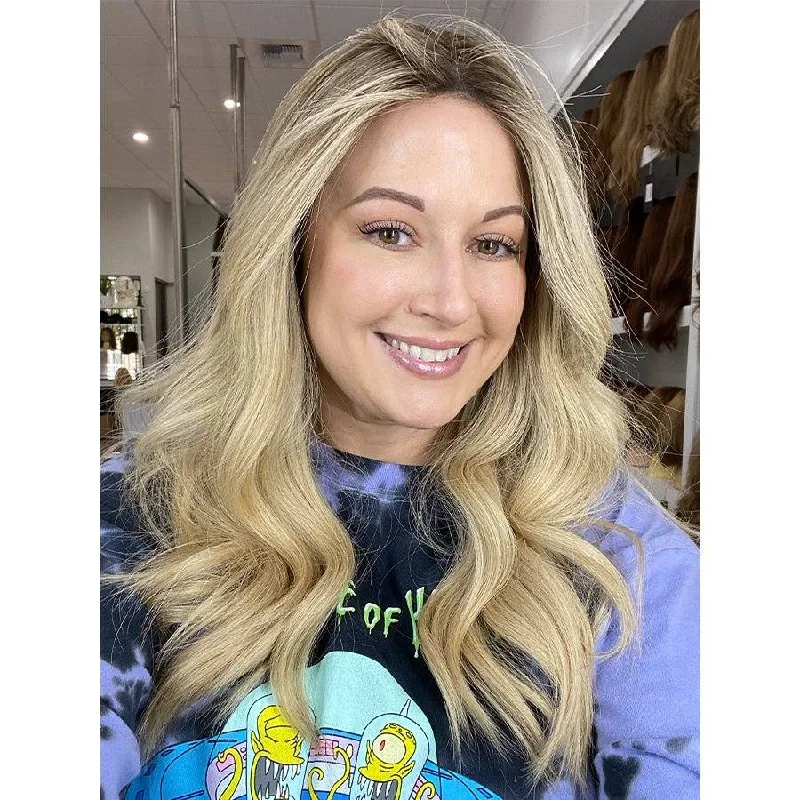 Human - hair wig with a honey - blonde color for a warm and sunny look22" Ponytail Silk Top Wig Platinum Blonde w/ Reverse Balayage