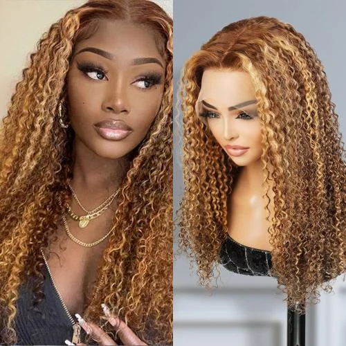 Lace wig with a 200 - density for a full and thick appearanceUpScale 100% Human Hair Glueless 13x6 Lace Frontal Wig Honey BlondeSun Kissed Highlight Kinky Curly 20"