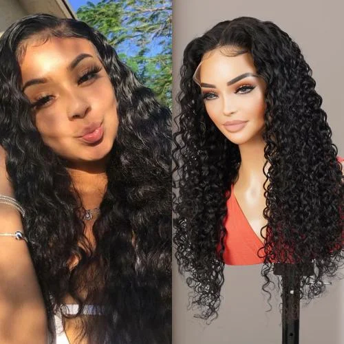 Lace wig with a wavy texture for a beachy lookUpScale 100% Human Hair Glueless HD Swiss Lace 13x4 Lace Frontal Wig Water Wave 22"