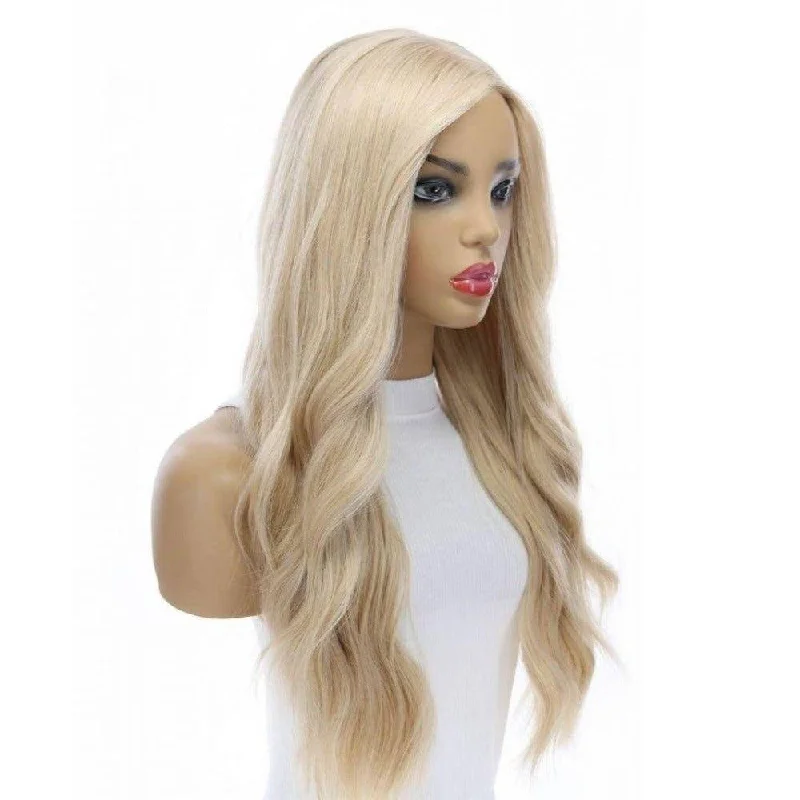 Human - hair wig with a honey - blonde color for a warm and sunny look26" Amber Silk Top Wig Platinum Blonde without Rooting