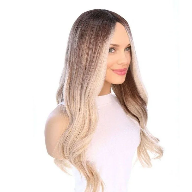 Human - hair wig with a side - part for a more flattering appearance26" Ponytail Silk Top Wig Platinum Blonde w/ Reverse Balayage