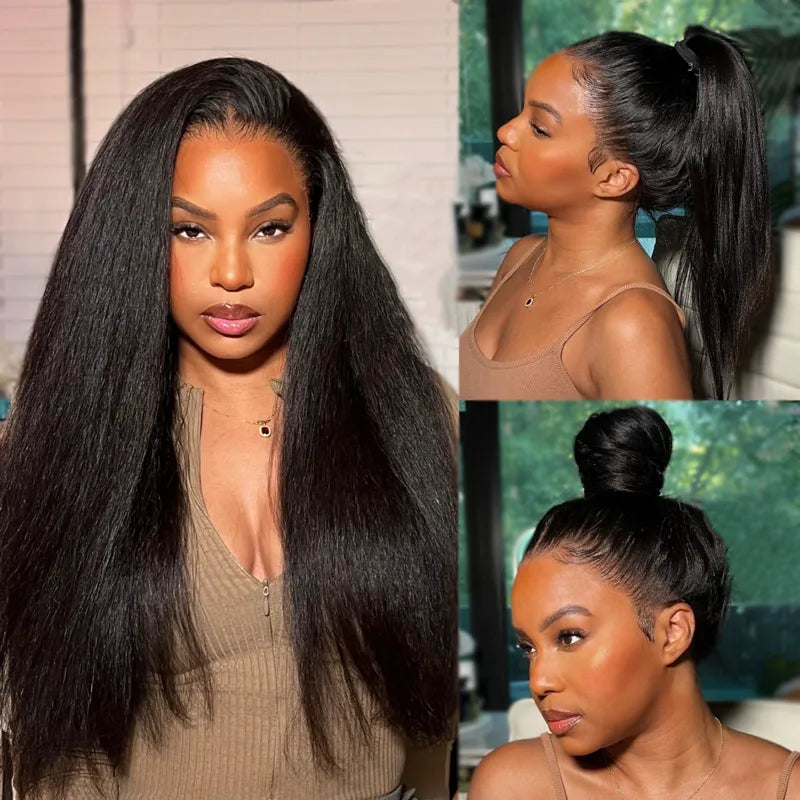 Lace wig with a natural - looking root for a more realistic look360 Lace Frontal Yaki Straight Wig Human Hair Pre Plucked HD Lace Wig Light Yaki