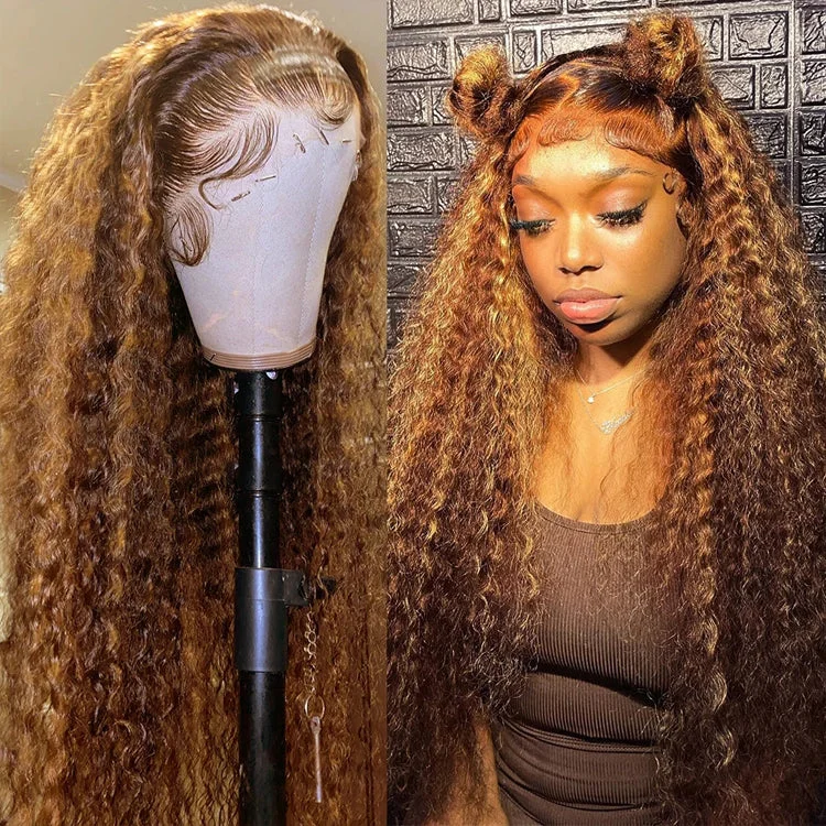 Adjustable - cap lace wig for a comfortable fit4/27 Highlight Human Hair Wig Deep Wave 360 HD Lace Frontal Wigs