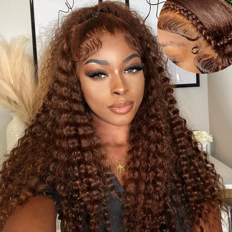 Lace wig with a side - part for a more flattering look#4 Chocolate Brown Deep Wave 13x6 HD Lace Frontal Wig Human Hair