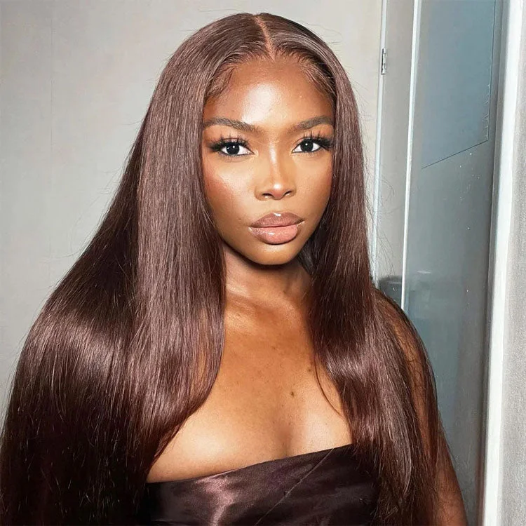 Lace wig with a platinum - blonde color for a bold and trendy look#4 Chocolate Brown Straight Human Hair Wig 5x5 HD Lace Closure Wig