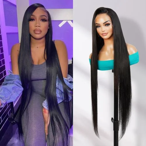 Lace wig in a chocolate - brown color for a rich and warm appearanceUpScale 100% Human Hair Glueless HD Swiss Lace 13x4 Lace Frontal Wig Super Long Straight 36"