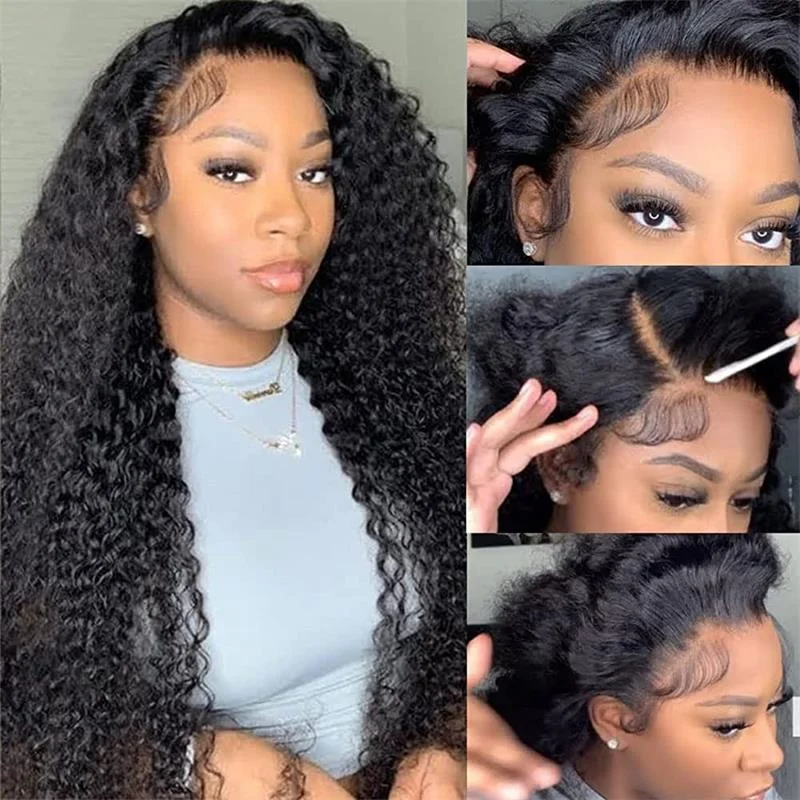 Human - hair wig with a wispy fringe for a soft and feminine lookAlibonnie Kinky Curly 4x4 Lace Glueless Closure Wig Pre Plucked Human Hair