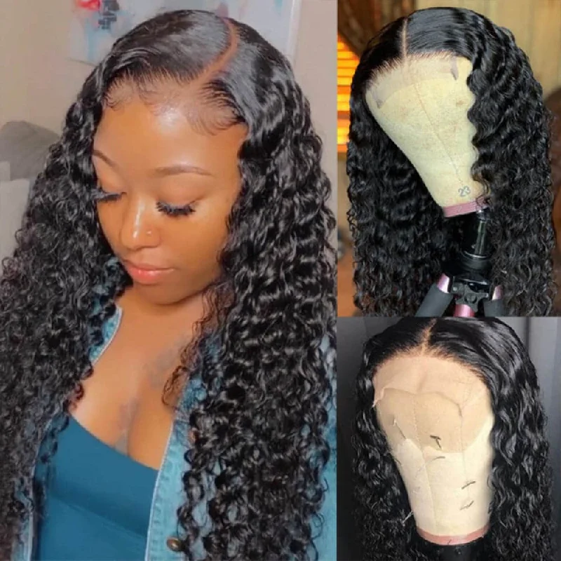 Lace wig with a wispy fringe for a soft and feminine lookSterly 5x5 HD Transparent Lace Closure Wigs Deep Wave Human Hair Wig