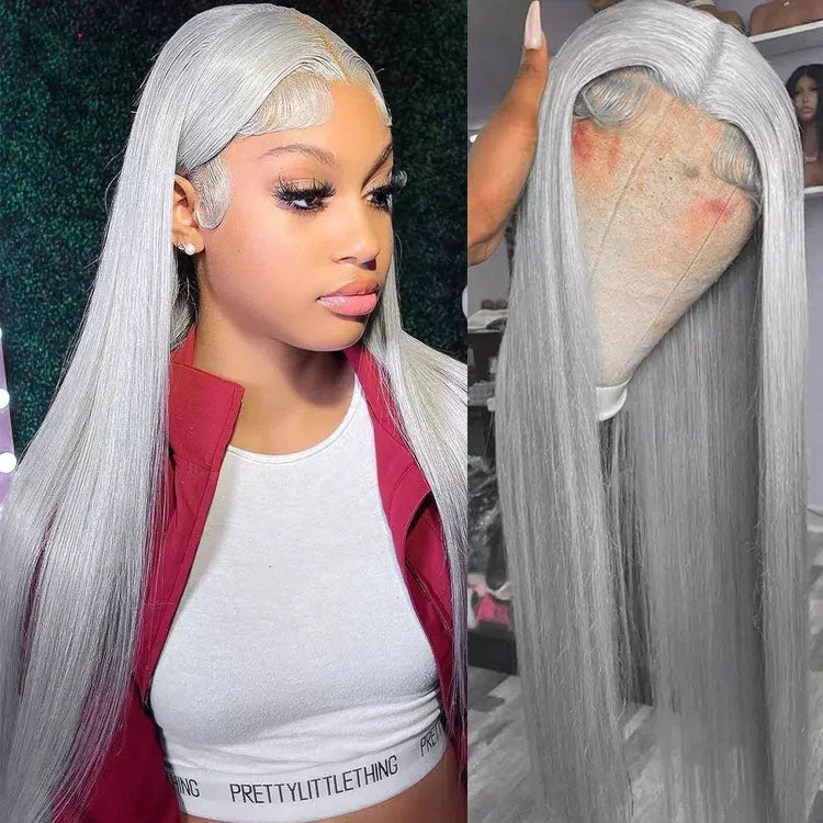 Lace wig with a curly texture for a bold and stylish choice5x5 HD Lace Closure Wig Straight Grey Lace Front Wig Dark Ash Blonde Human Hair Closure Wigs Customized