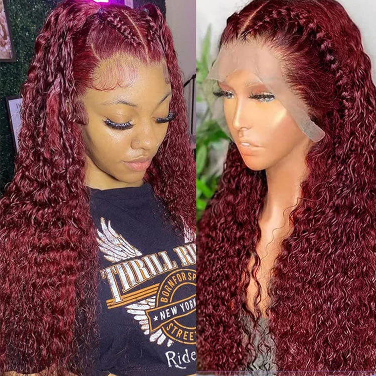 Lace wig with a pre - bleached knot for a natural - looking scalp99J Burgundy Deep Wave Human Hair 13x6 HD Lace Frontal Wig