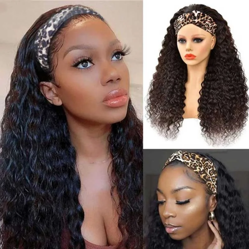 Human - hair wig with a wispy fringe for a soft and feminine lookWater Wave Wigs Half Wig With Headband 100% Virgin Hair Long Headband Wig Fashion