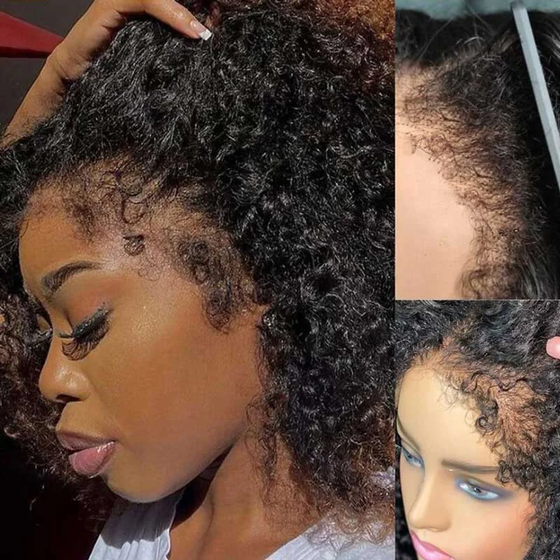 Human - hair wig with a 180 - density for a full and thick appearanceAlibonnie Realistic 4C Edges Kinky Curly Wig 13×4 HD Lace Frontal Wig 180% Density Natural Hairline