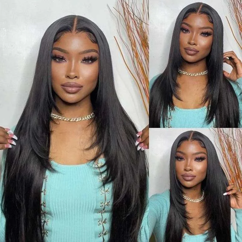 Indian - human - hair wig with a natural - looking shineAlibonnie Trendy Layered Cut Straight 360 Lace Front Wigs 100% Human Hair Natural Black Wigs