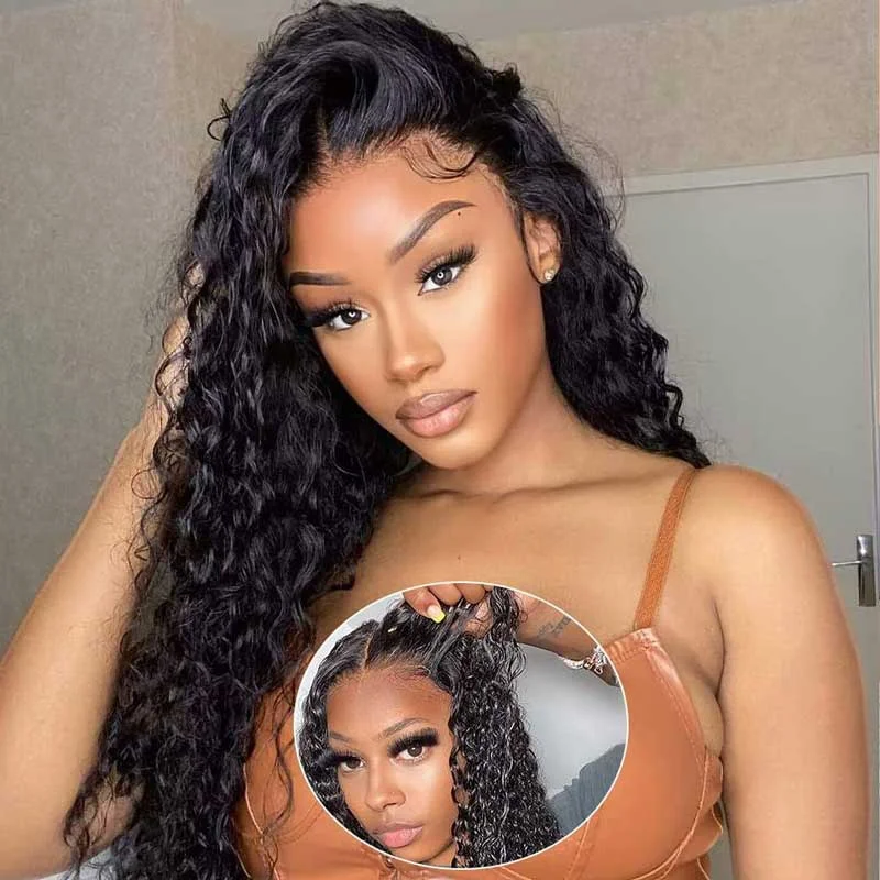 Human - hair wig with a curly texture for a bold and stylish choiceAlibonnie Water Wave Wear Go Wigs Pre Cut 6x4 Transparent Lace Closure Breathable Glueless Wigs