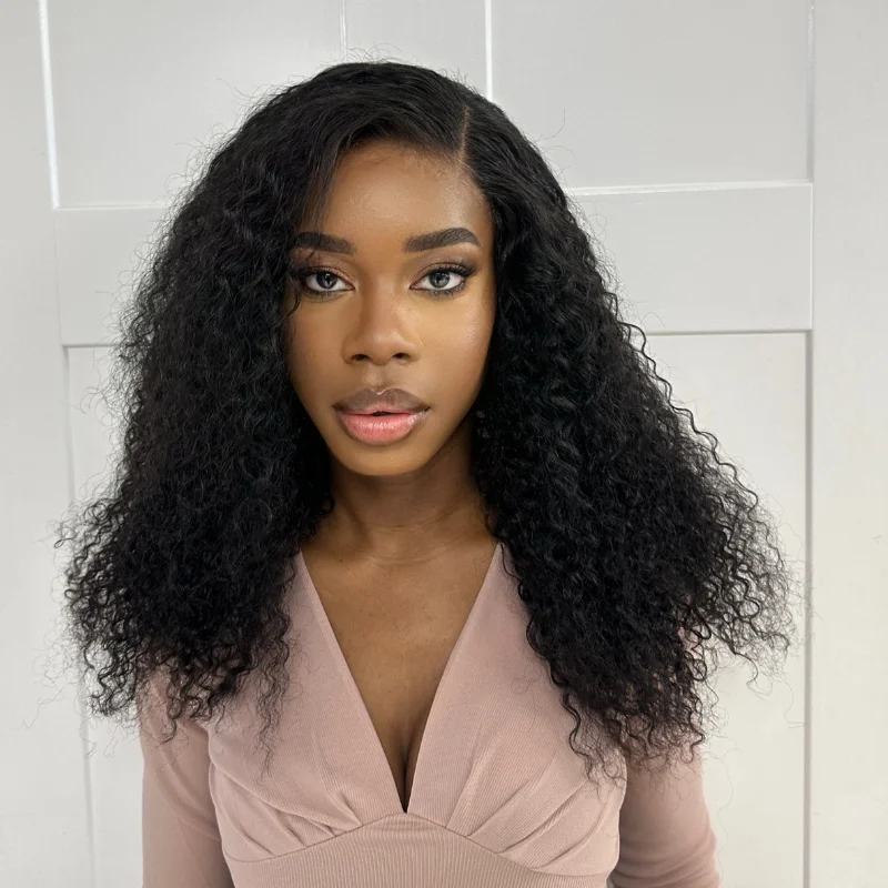 Human - hair wig with a side - part for a more flattering appearanceBlack Curly 5*5  Lace Closure Human Hair Wig 18 inches -ALMASI