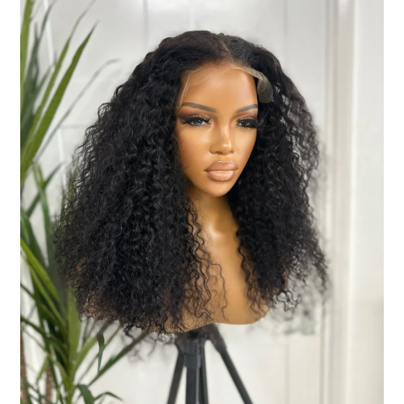 Indian - human - hair wig with a natural - looking shine18’’ Black Curly 7 *4  Lace Front Human Hair Wig 4c Hairline -DAMI