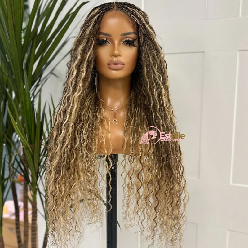 Peruvian - human - hair wig with a soft and manageable feelBlonde Mix Long  Knotless Boho Braids  Lace  Wig -ZIZI