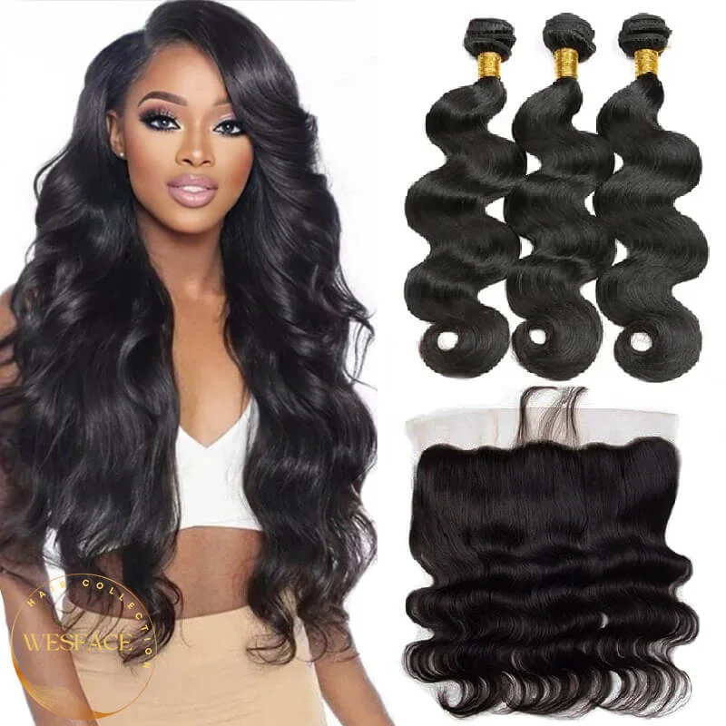 Human - hair wig with a natural - looking root for a more realistic lookWesface Body Wave Virgin Hair 3 Bundles With 13x4 Frontal Free Part