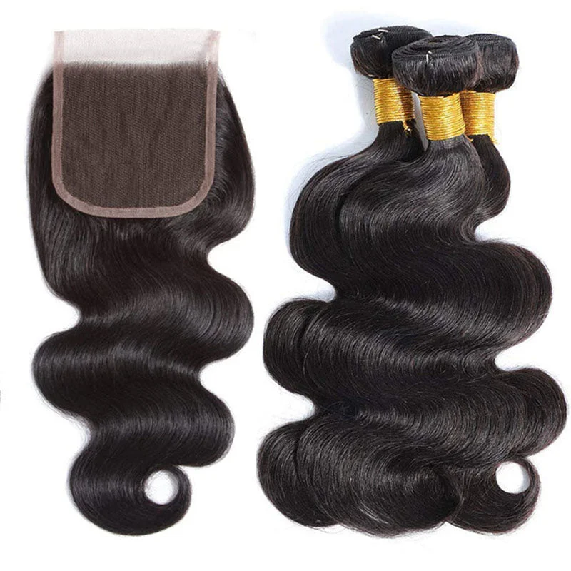 Indian - human - hair wig with a natural - looking shineWesface Brazilian Body Wave Hair 3 Bundles With 4x4 Closure Free Part