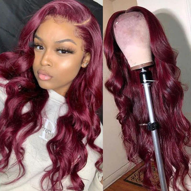 Indian - human - hair wig with a natural - looking shineWesface Body Wave Burgundy 99J Color 13x6 Lace Front Wig Human Hair Wig