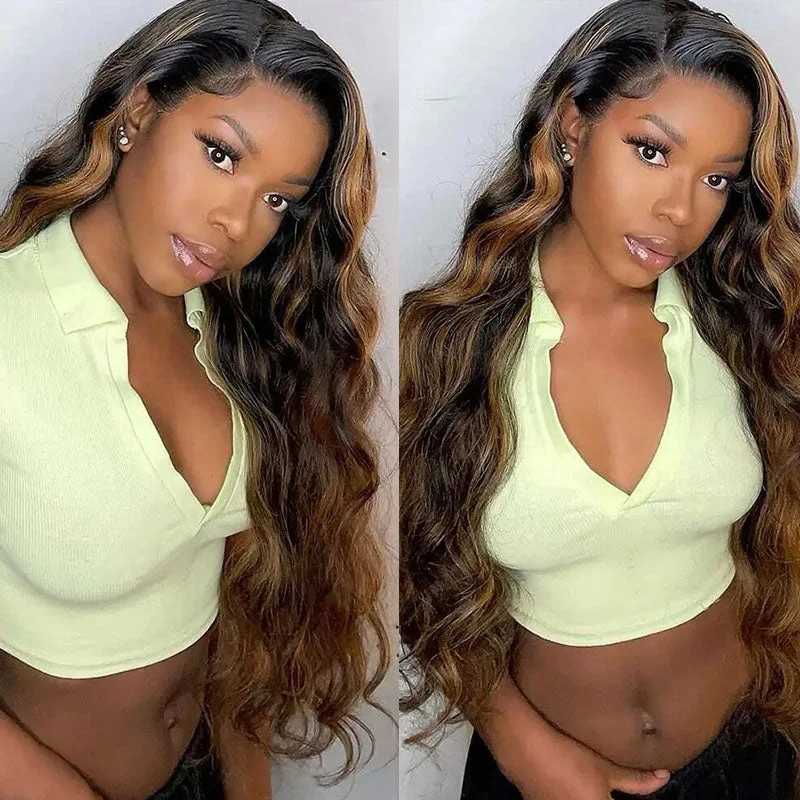 Human - hair wig with a pre - plucked hairline for a more natural lookWesface Body Wave P4/27 Color Highlight Real Transparent 13x4 Lace Front Human Hair Wig