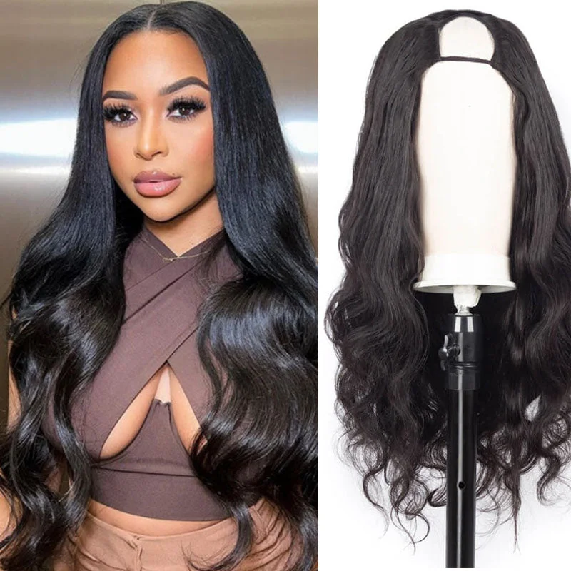 Human - hair wig with a side - swept bang for a sophisticated lookWesface Body Wave U Part Wig Natural Black Human Hair Wig 180% Density