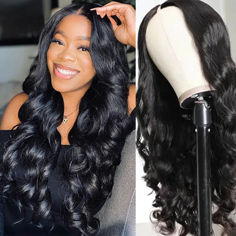 Human - hair wig with a middle - part for a classic and elegant styleWesface Body Wave V Part Wig Natural Black Human Hair Wig 180% Density